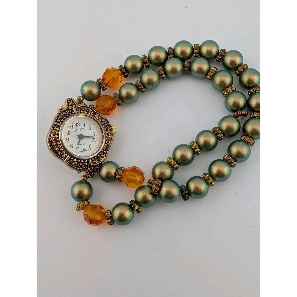 Geneva Watch Women 25mm Case Green & Orange Beaded Stretch Band- New Battery